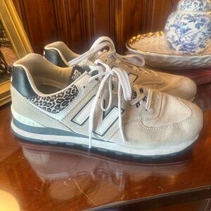 New Balance Women’s Light Gray Suede Sneakers with Leopard Trim
